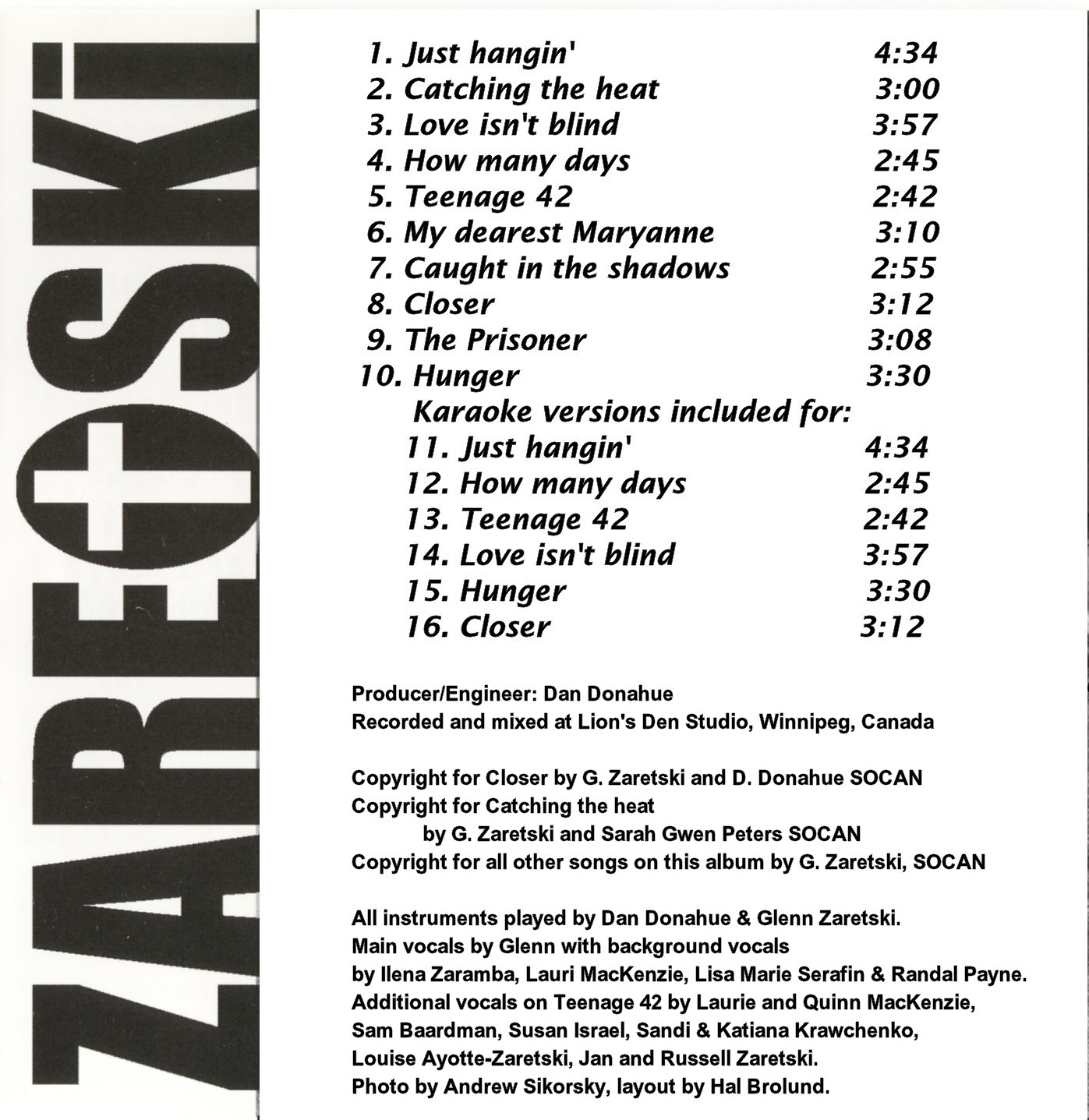 Back Cover and song list of Glenn Zaretski's Just Hanging' 